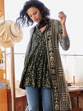 NWT Peruvian Connection Black Floral Button-Front Tunic Pima Cotton Modal sz XXL